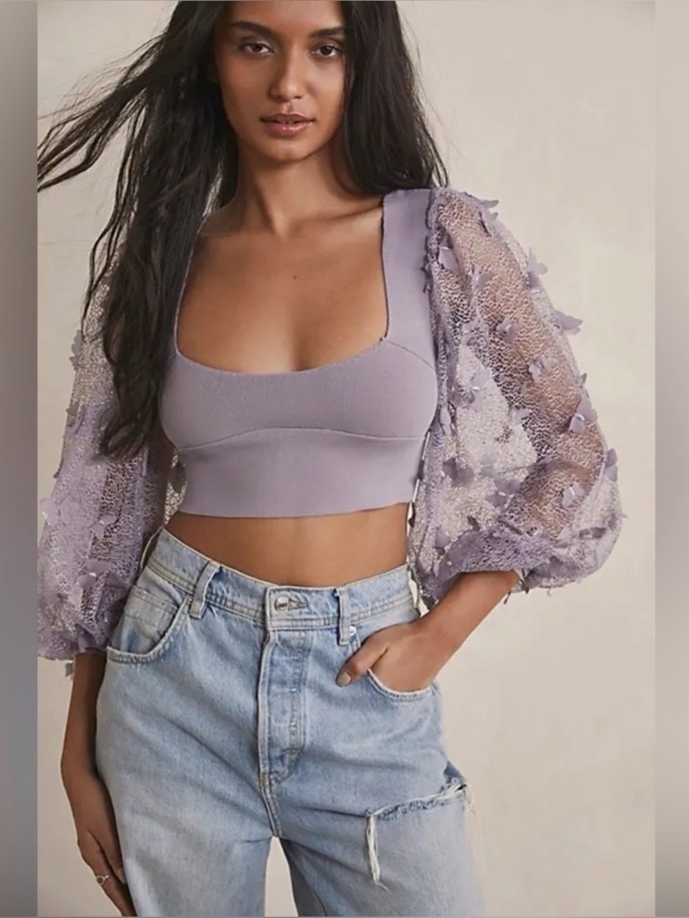 Free People Flutter By Crop Top Long Sleeve